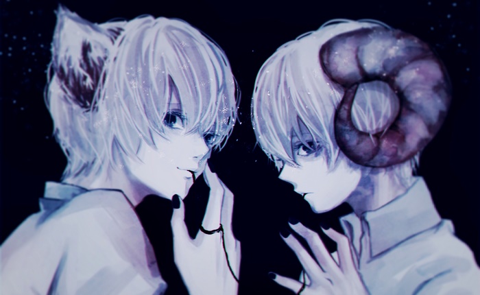 Two anime boys with white hair and blue eyes
