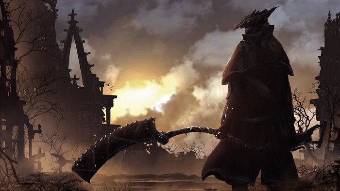 Warrior with a large weapon in a ruined city