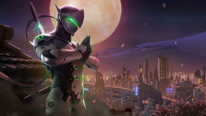 Genji Overwatch Night Cityscape with Moon