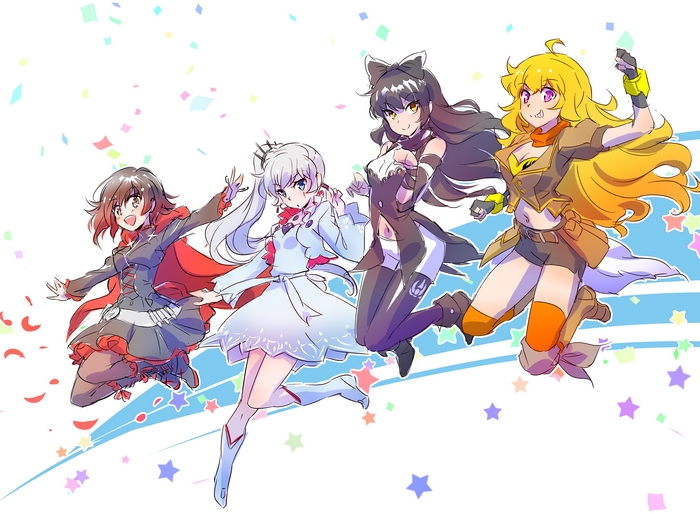Team RWBY from RWBY jumping with confetti