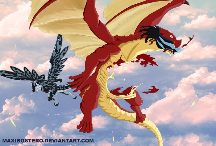 Acnologia and Igneel from Fairy Tail fighting in the sky