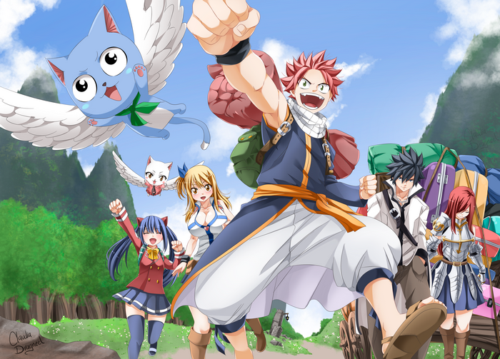 Fairy Tail characters on a journey with luggage