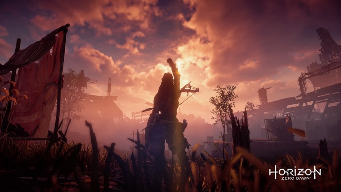 Aloy from Horizon Zero Dawn at sunset