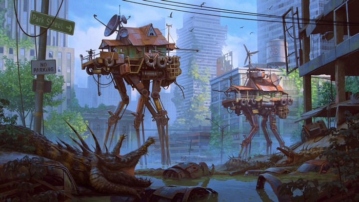 Post-apocalyptic city with walking houses and a creature
