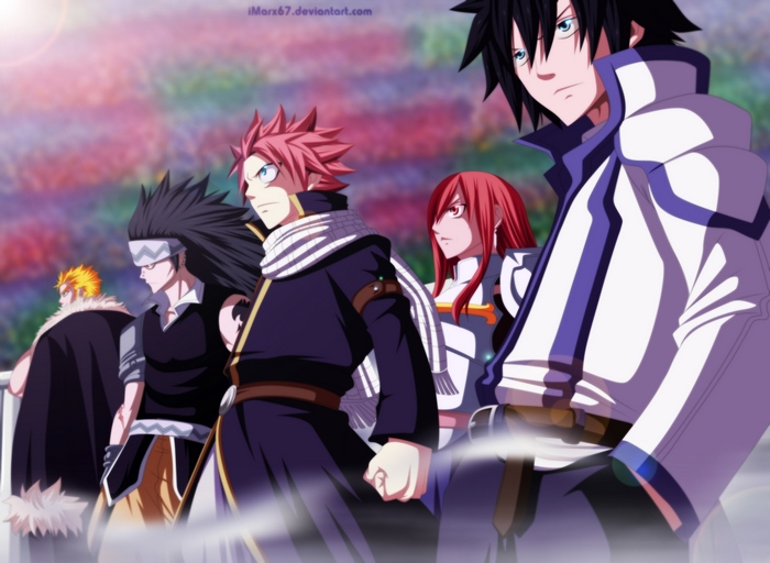 Fairy Tail characters Laxus, Gajeel, Natsu, Erza, and Gray