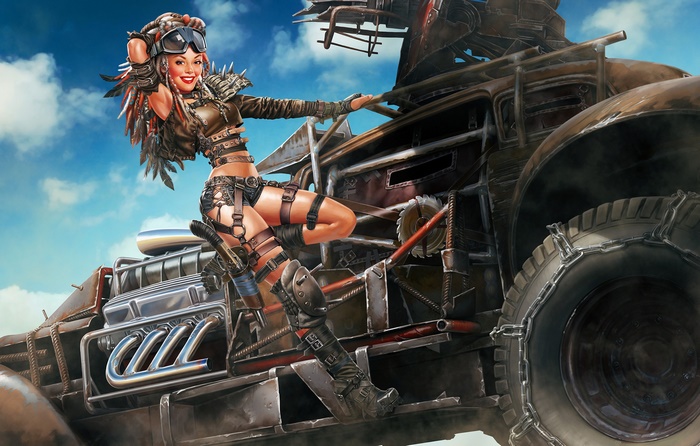 Woman in post-apocalyptic attire on a vehicle