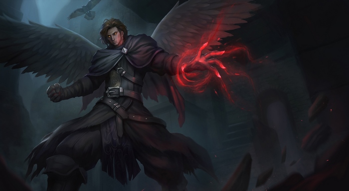 Dark Angel casting red magic with wings