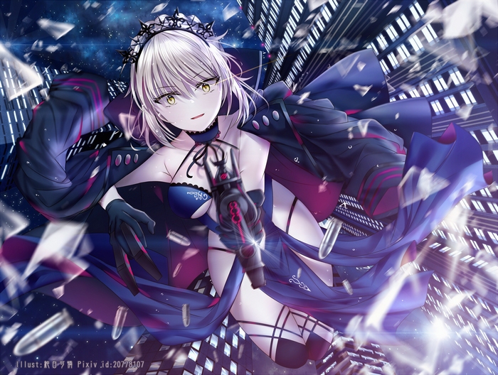 Saber Alter with a gun in a city