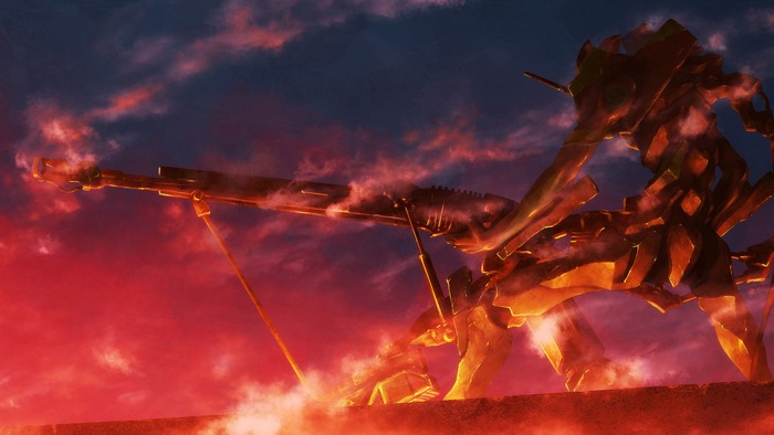 Evangelion Unit-01 with rifle against red sky
