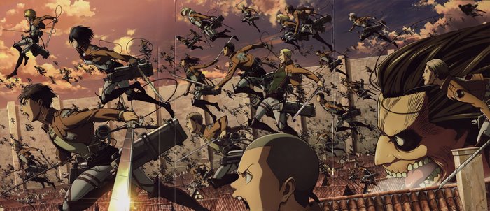 Attack on Titan characters fighting Titans