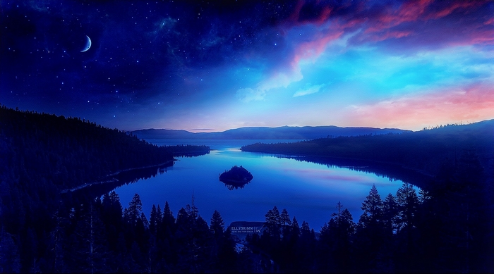 Serene Blue Lake Under Starry Night Sky