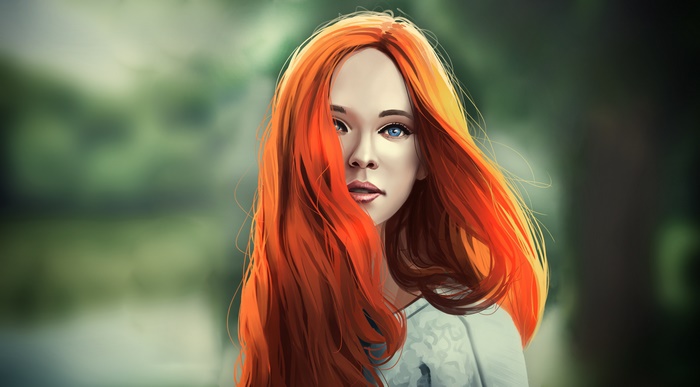 Girl with long red hair and blue eyes