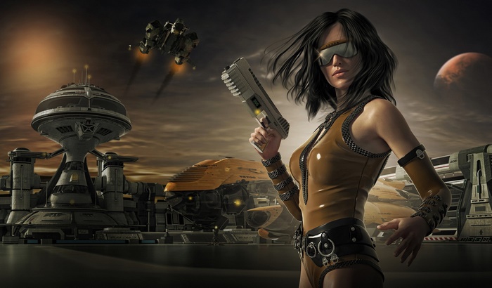 Woman warrior with gun in futuristic city