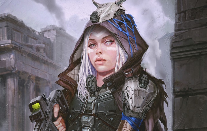 Woman warrior with white hair and futuristic armor