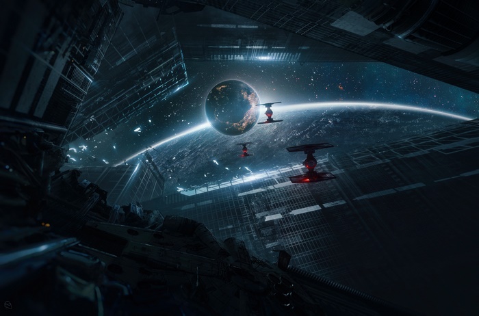 TIE Fighters orbiting a planet near a space station