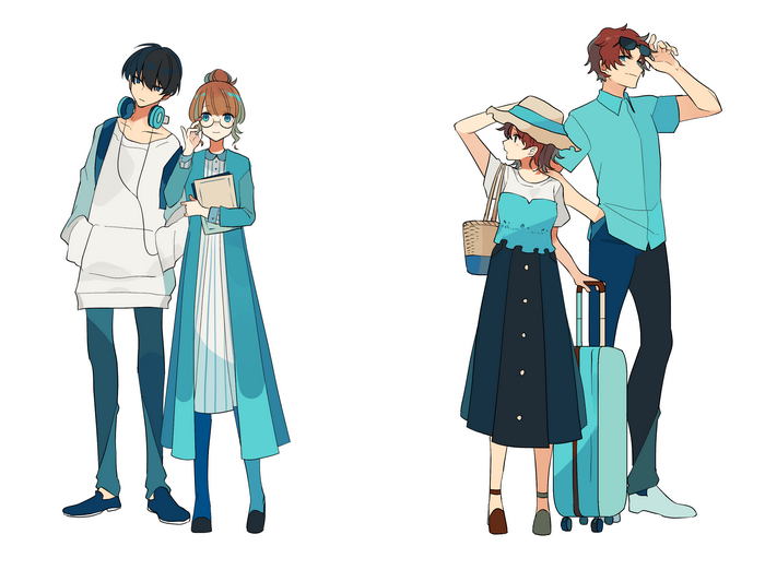 Couple with luggage and student couple