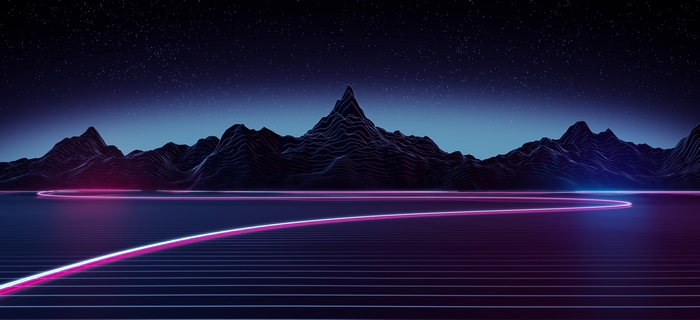 RetroWave Neon Highway Through Mountains Under Starry Sky