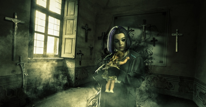 Raven from DC Comics holding a doll in a room with crosses