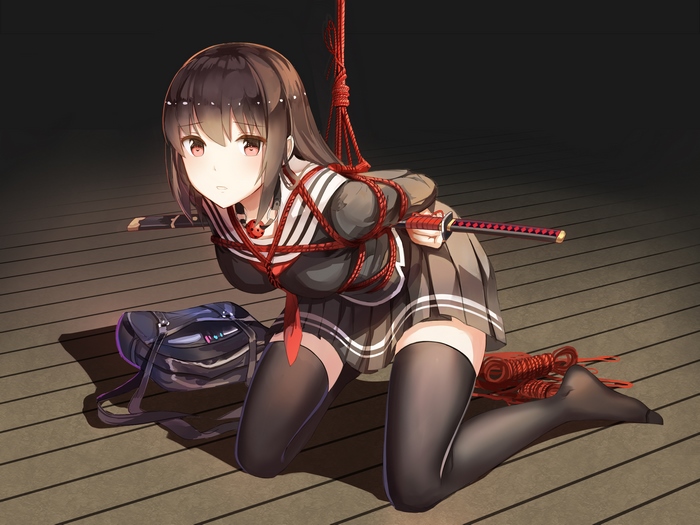 Anime Girl Bound with Red Rope and Katana