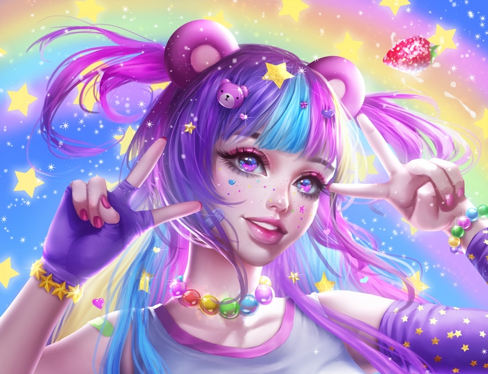 Anime girl with colorful hair and strawberry
