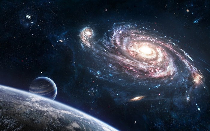Spiral Galaxy and Planets in Space