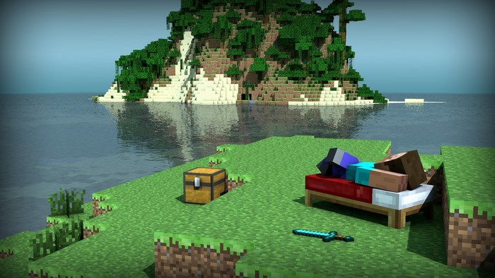 Minecraft Character Resting Beside Ocean with Sword