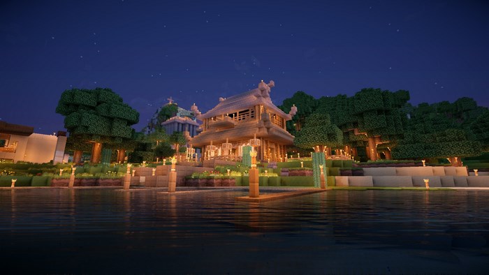 Minecraft Cozy Lakeside House at Night