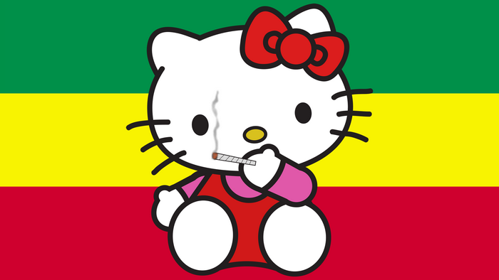 Hello Kitty smoking on Rasta flag