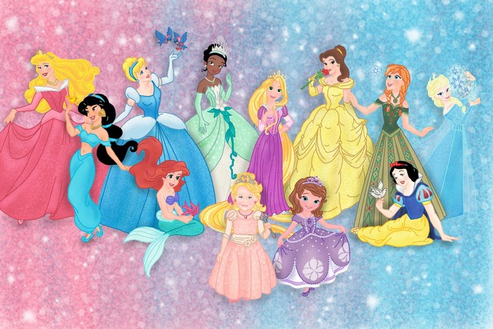 Disney Princesses Aurora, Jasmine, Ariel, Cinderella, Tiana, Rapunzel, Belle, Anna, Elsa, Snow White, and Sofia