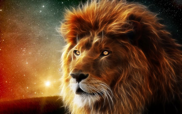 Lion with a Fiery Mane Against a Starry Sky