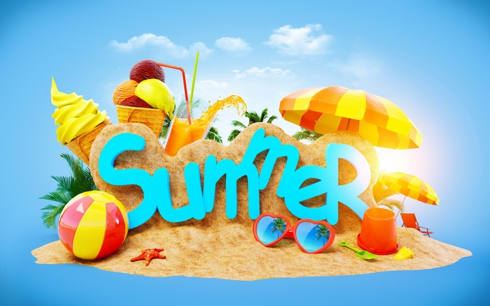 Summer beach scene with ice cream and drinks