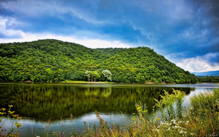 Green forested hill reflected in a calm lake under a cloudy sky
