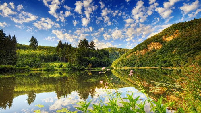 Lake surrounded by green hills and trees under a blue sky