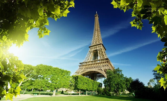 Eiffel Tower Paris France Green Trees Blue Sky