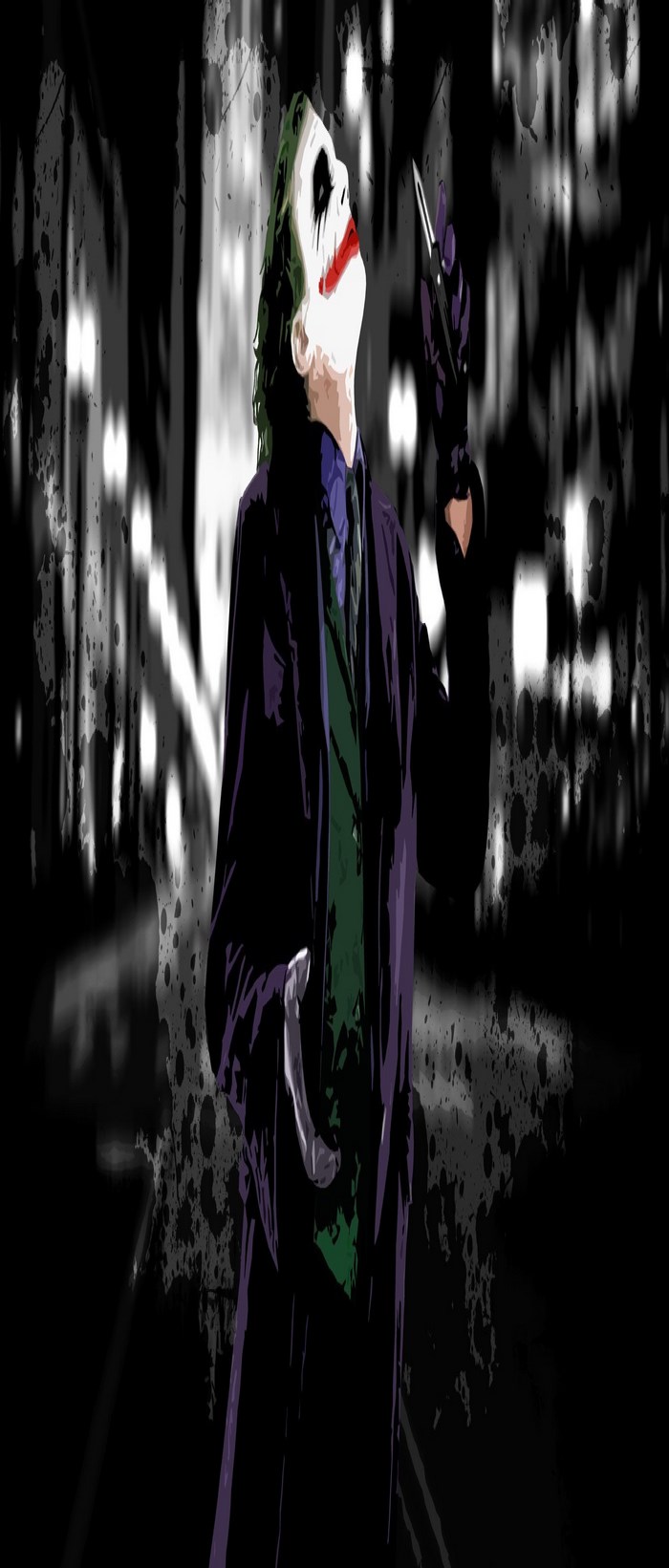 The Joker holding a knife in a dark city