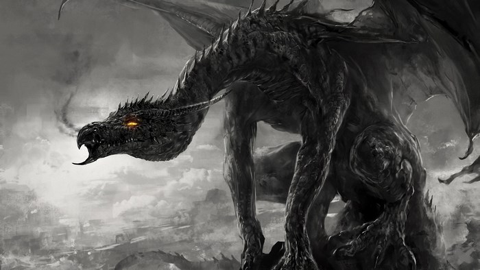 Black dragon with glowing eyes in a cloudy sky