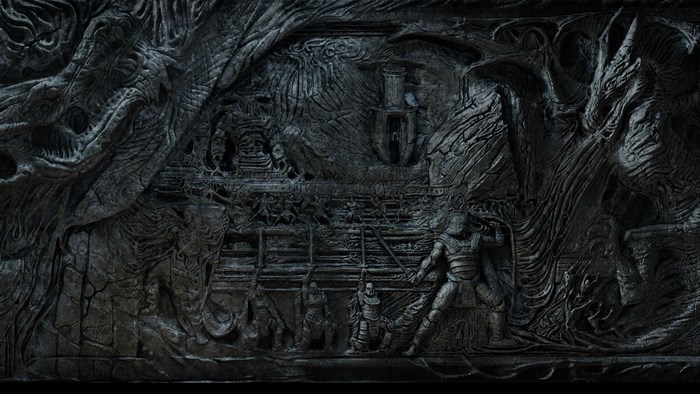 Skyrim stone carving of dragons and warriors