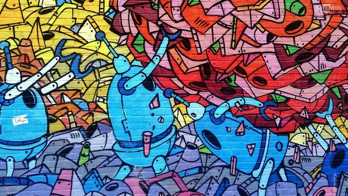 Graffiti art with robots and abstract shapes