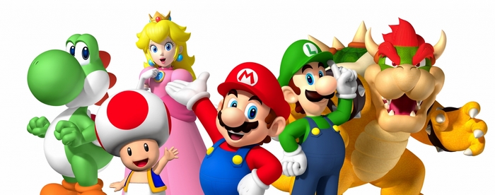 Mario characters including Yoshi, Toad, Princess Peach, Mario, Luigi, and Bowser