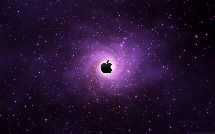 Apple logo in a purple galaxy