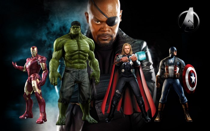 Avengers Assemble with Iron Man, Hulk, Thor, Captain America, and Nick Fury