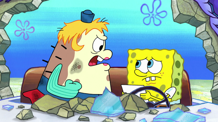 SpongeBob SquarePants and an injured character in a car