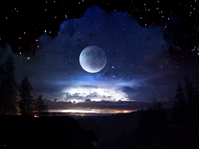 Full moon over stormy landscape with stars