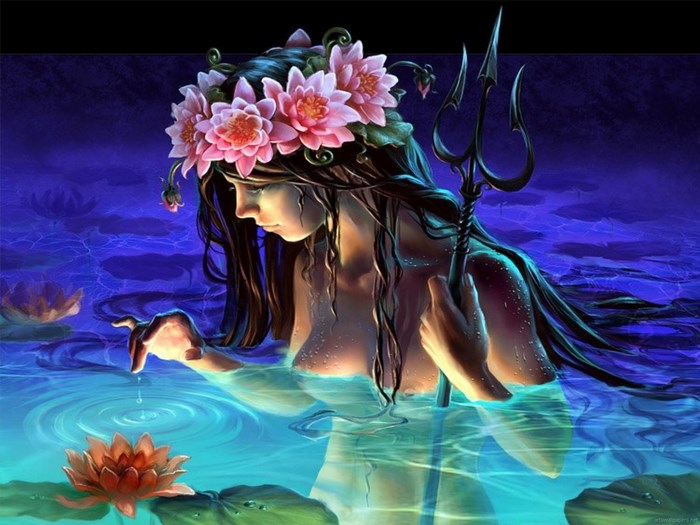 Fantasy woman with trident in lotus pond