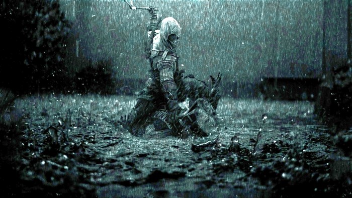 Assassin's Creed character fighting in the rain