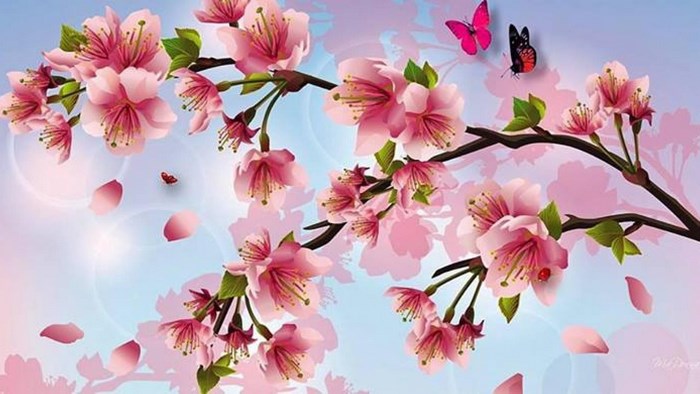 Pink cherry blossoms with butterflies and ladybugs
