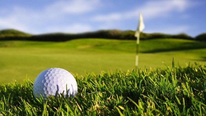 Golf ball on a golf course with a flag