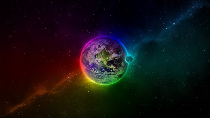 Earth and Moon with Rainbow Aura in Space