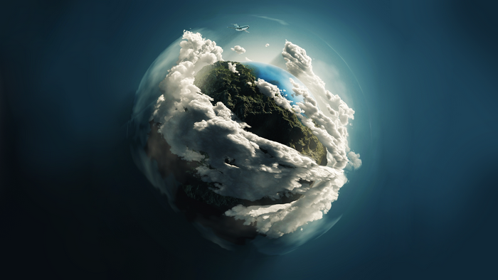 Tiny Earth with Clouds and Airplane