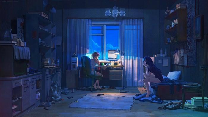 Anime girls in a messy room at night